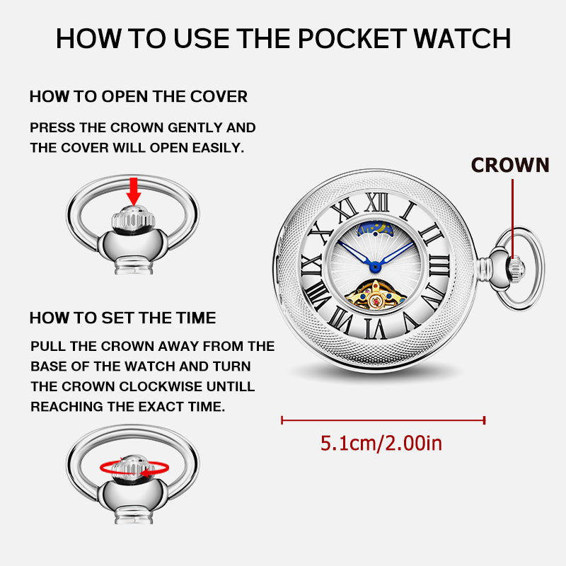 Silver Mechanical Pocket Watch with Outer Numerals and Inner Moon Dial