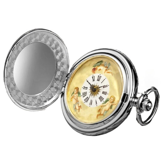 Silver Mechanical Pocket Watch with Angel Dial and Chain