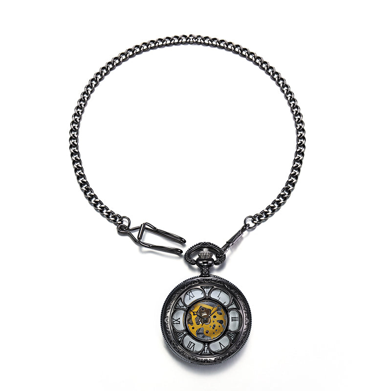 Black Quartz Pocket Watch with Hollow Flower-Designed Case
