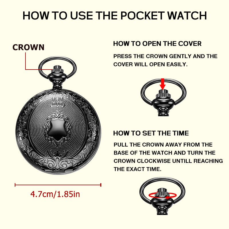 Black Shield Quartz Pocket Watch with Chain