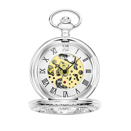 Silver Quartz Pocket Watch with Hollow Flower-Designed Case