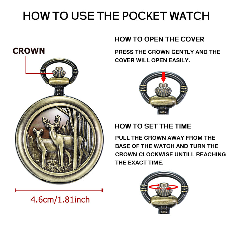 Bronze Deer Quartz Pocket Watch with Chain