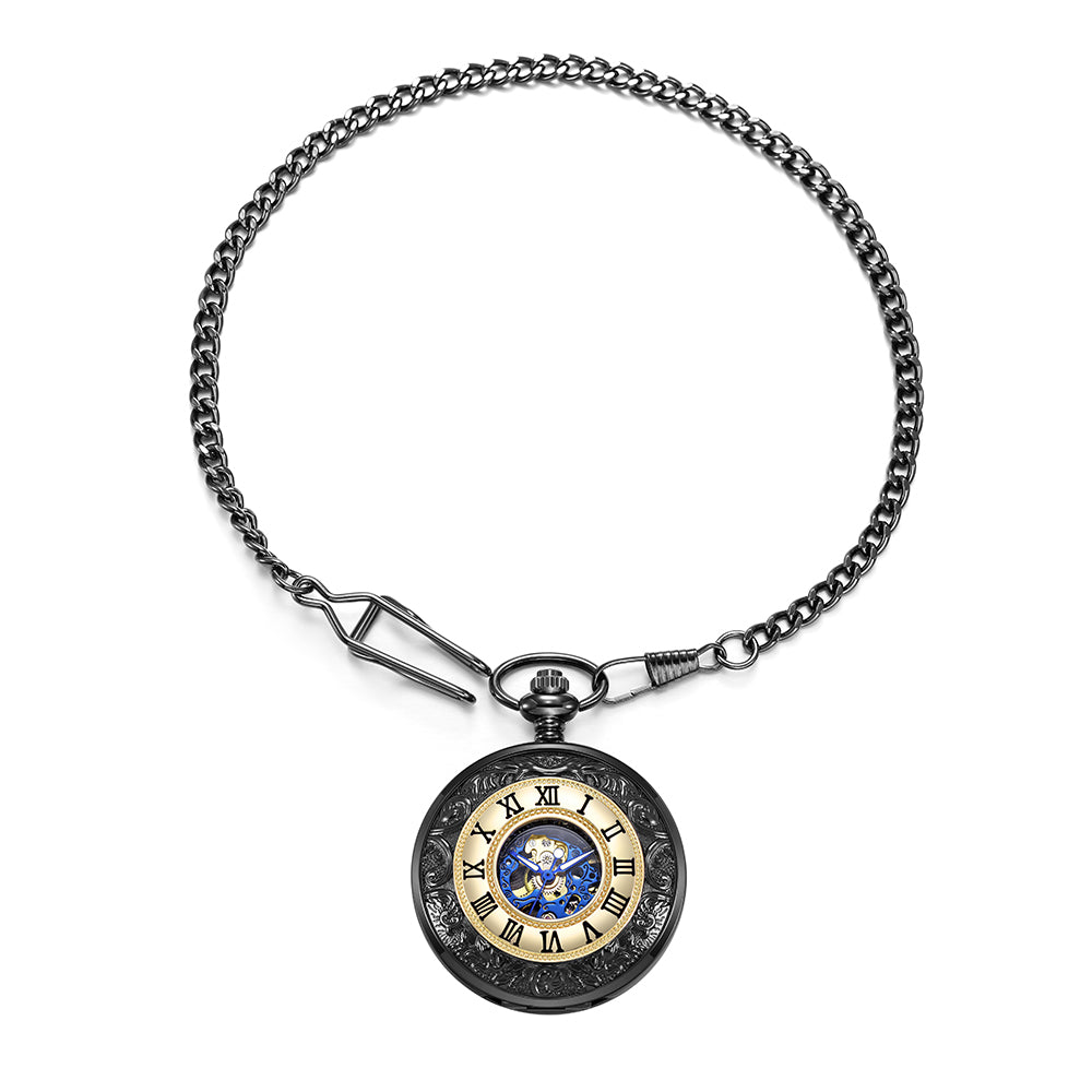 Black and Gold Mechanical Pocket Watch with Chain
