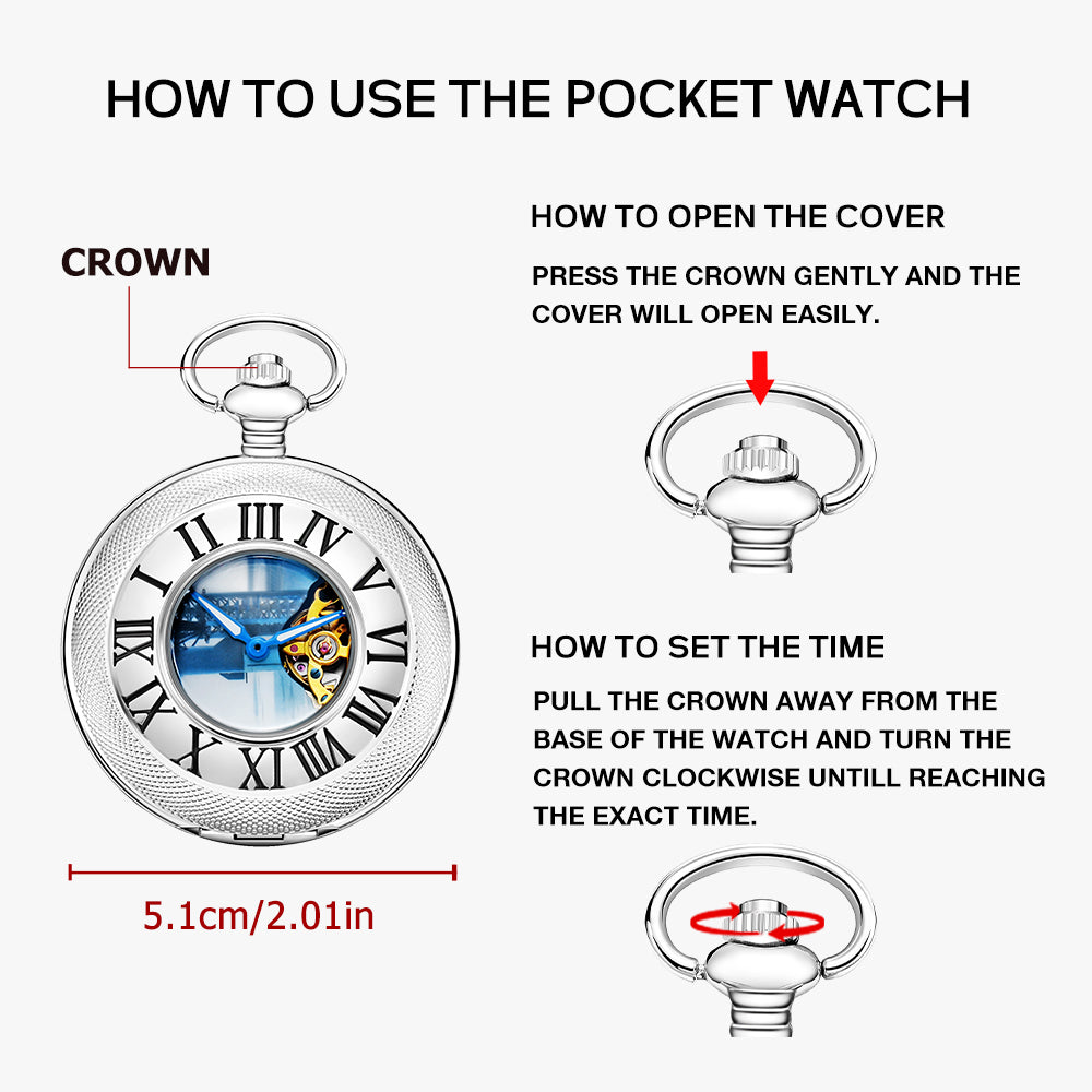 Silver Mechanical Pocket Watch with Blue Launch Tower Dial and Chain