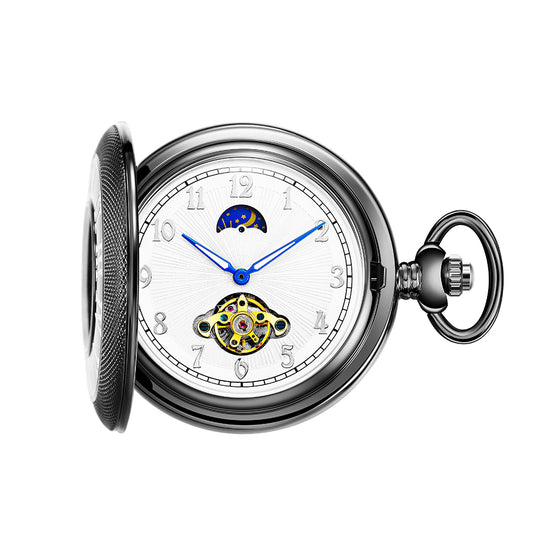 Black Mechanical Pocket Watch with Outer Numerals and Inner Moon Dial