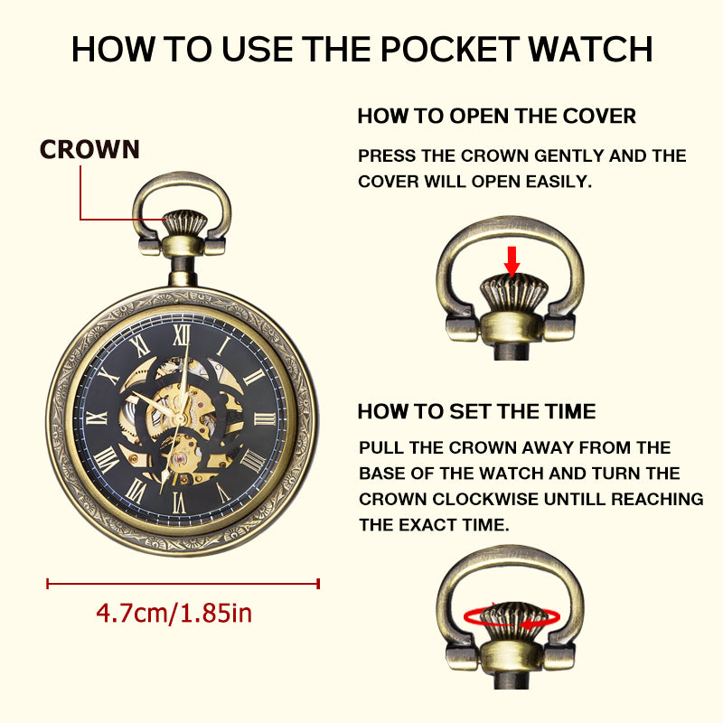 Bronze Open Face Mechenical Pocket Watch with Black Dial and Matching Chain