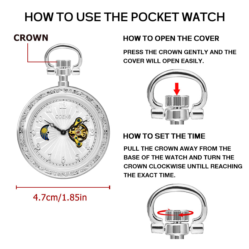 Silver Open Face Mechanical Pocket Watch with Moon Dial