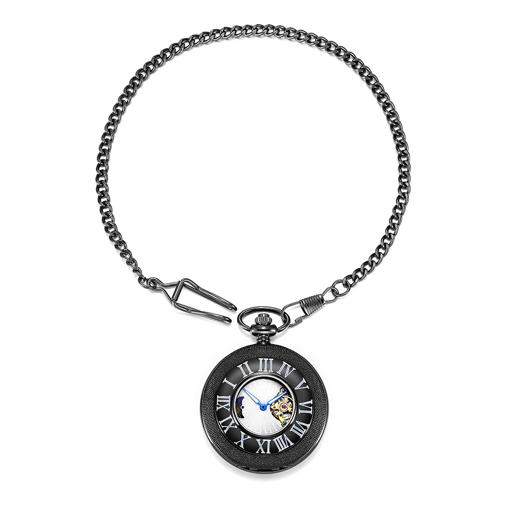 Black Mechanical Pocket Watch with Outer Numerals and Inner Moon Dial