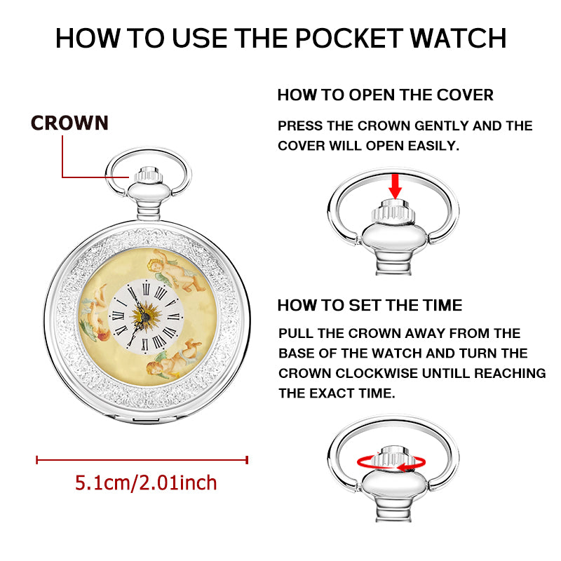 Silver Mechanical Pocket Watch with Angel Dial and Chain