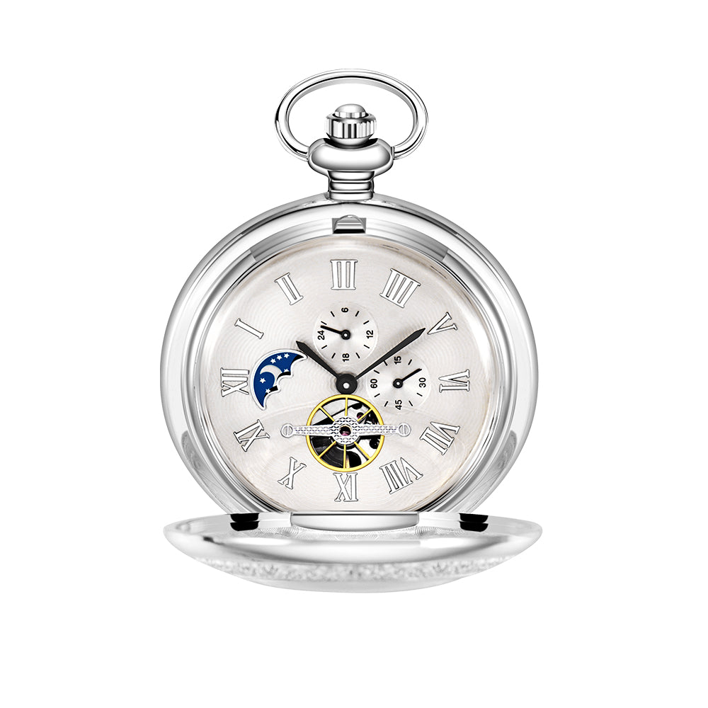 Silver Mechanical Pocket Watch with Special Moon Dial and Chain