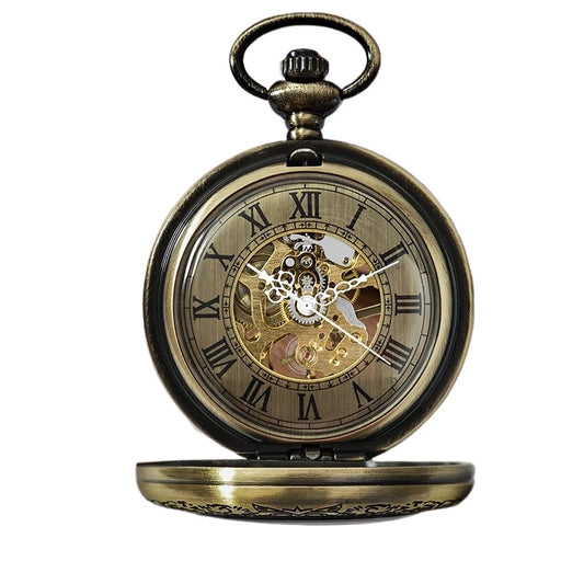 Bronze Mechanical Pocket Watch with Half Hunter and Chain