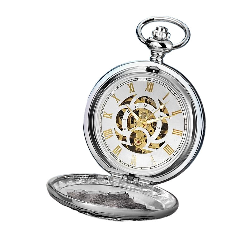 Silver Half Double Hunter Mechanical Watch with Special Golden Movement and Chain