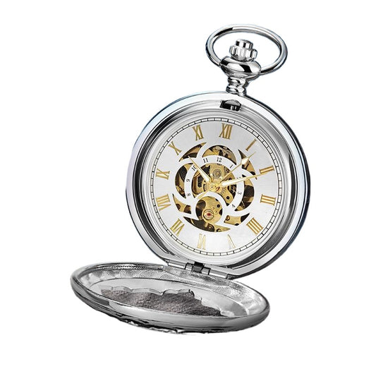 Silver Half Double Hunter Mechanical Watch with Special Golden Movement and Chain