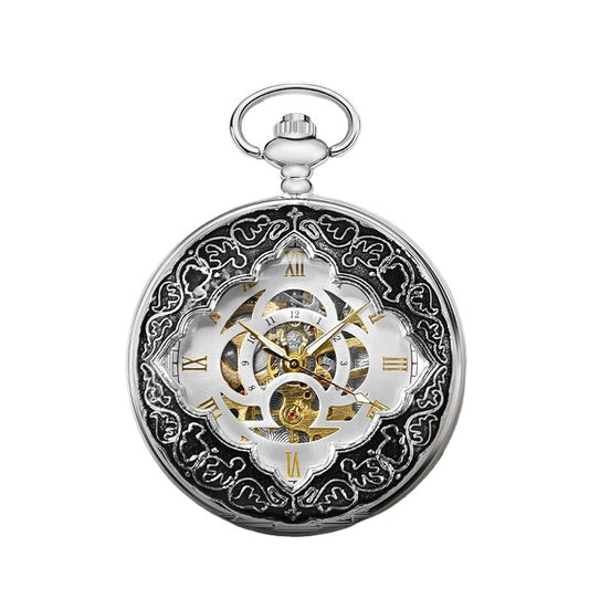 Silver Half Double Hunter Mechanical Watch with Special Golden Movement and Chain