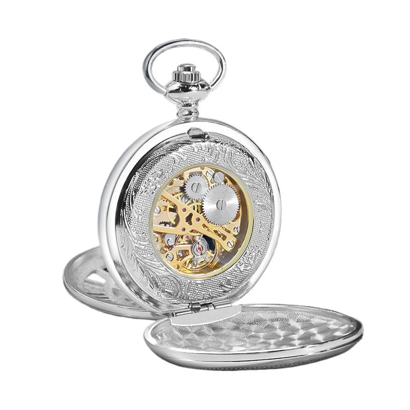 Silver Half Double Hunter Mechanical Watch with Special Golden Movement and Chain