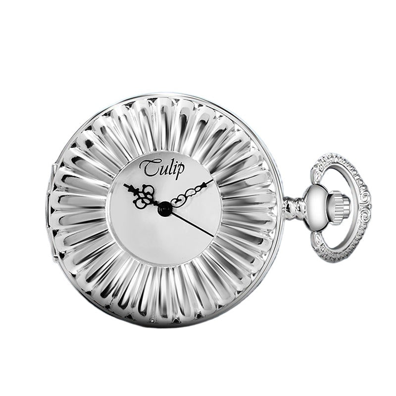 Silver Mechanical Pocket Watch with Hollow Shell-designed Case and Chain