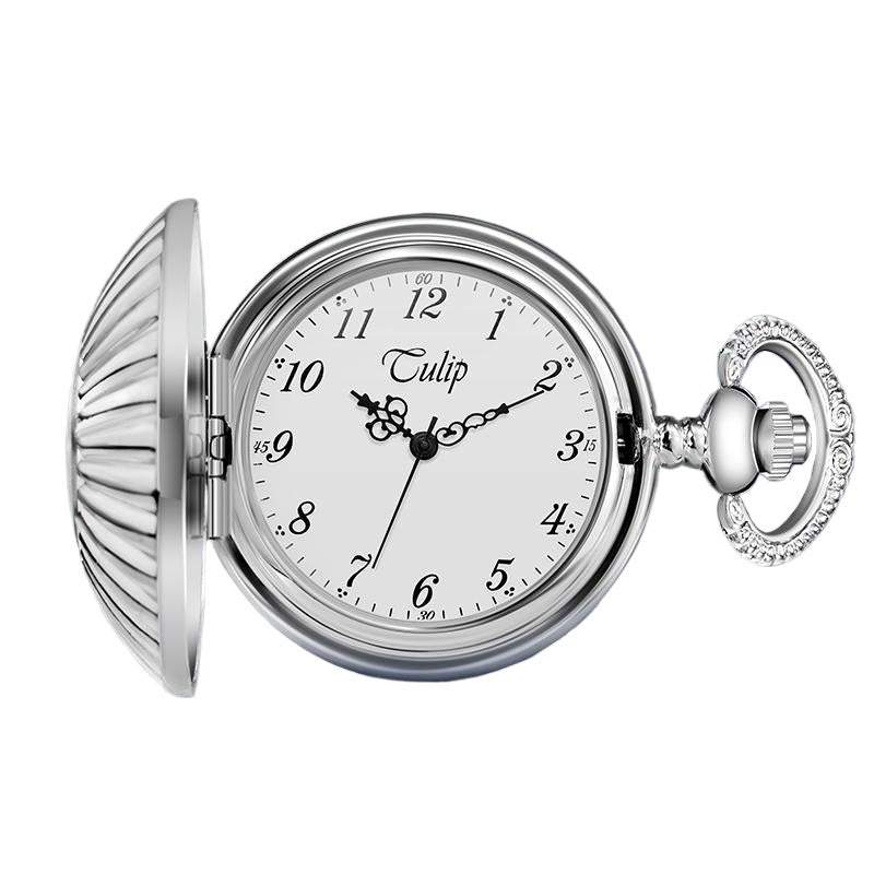 Silver Mechanical Pocket Watch with Hollow Shell-designed Case and Chain