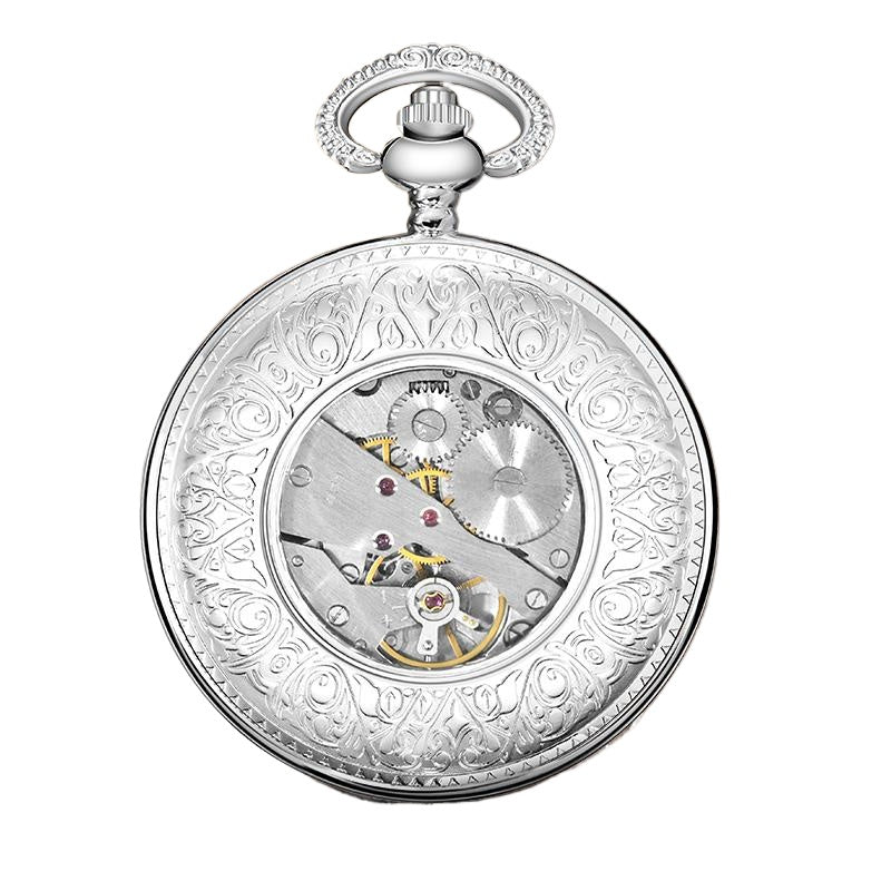 Silver Mechanical Pocket Watch with Hollow Shell-designed Case and Chain