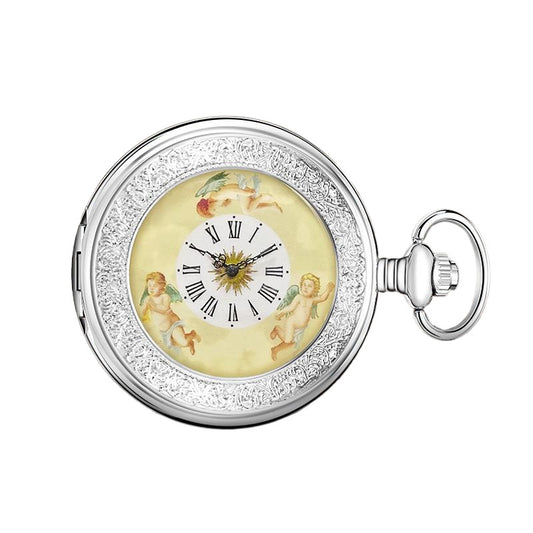 Silver Mechanical Pocket Watch with Angel Dial and Chain