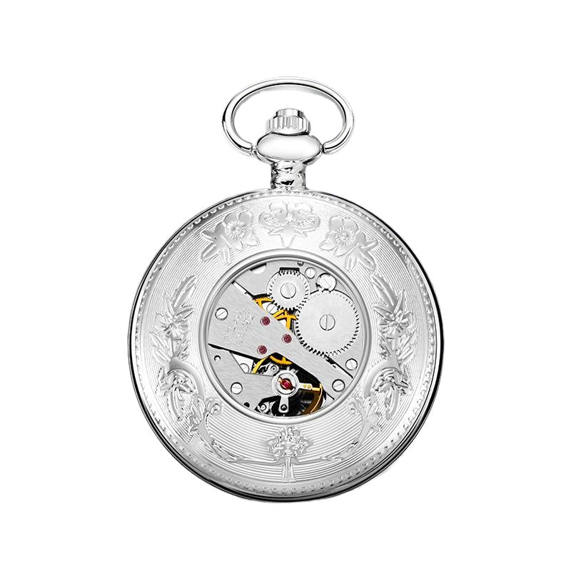 Silver Mechanical Pocket Watch with Angel Dial and Chain