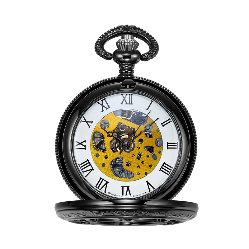 Black Quartz Pocket Watch with Hollow Flower-Designed Case