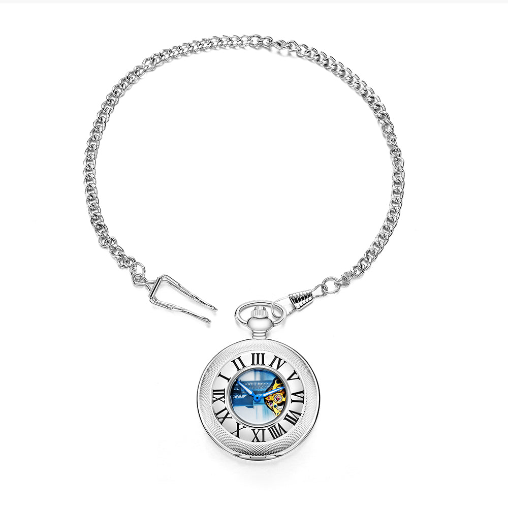 Silver Mechanical Pocket Watch with Blue Launch Tower Dial and Chain