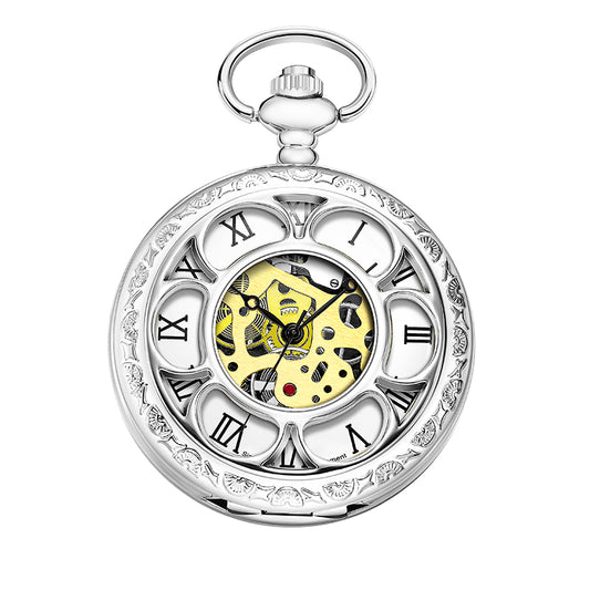 Silver Quartz Pocket Watch with Hollow Flower-Designed Case