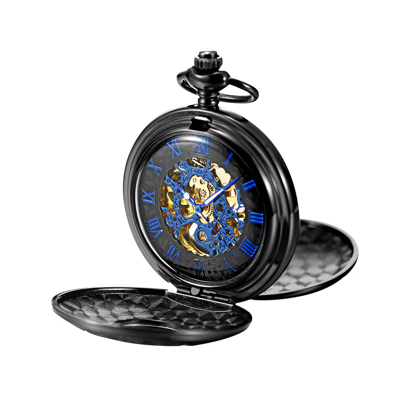 Black and Gold Mechanical Pocket Watch with Chain