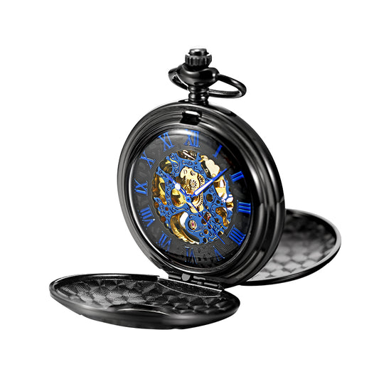 Black and Gold Mechanical Pocket Watch with Chain