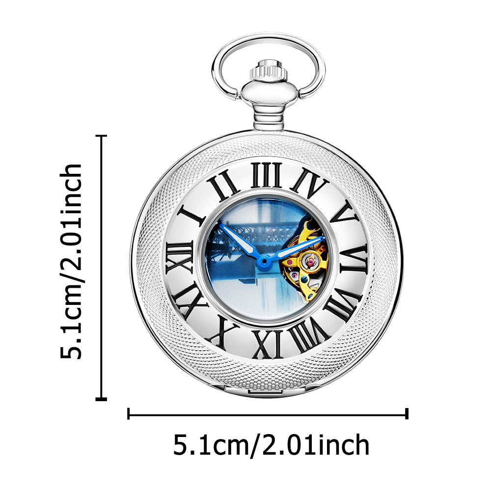 Silver Mechanical Pocket Watch with Blue Launch Tower Dial and Chain