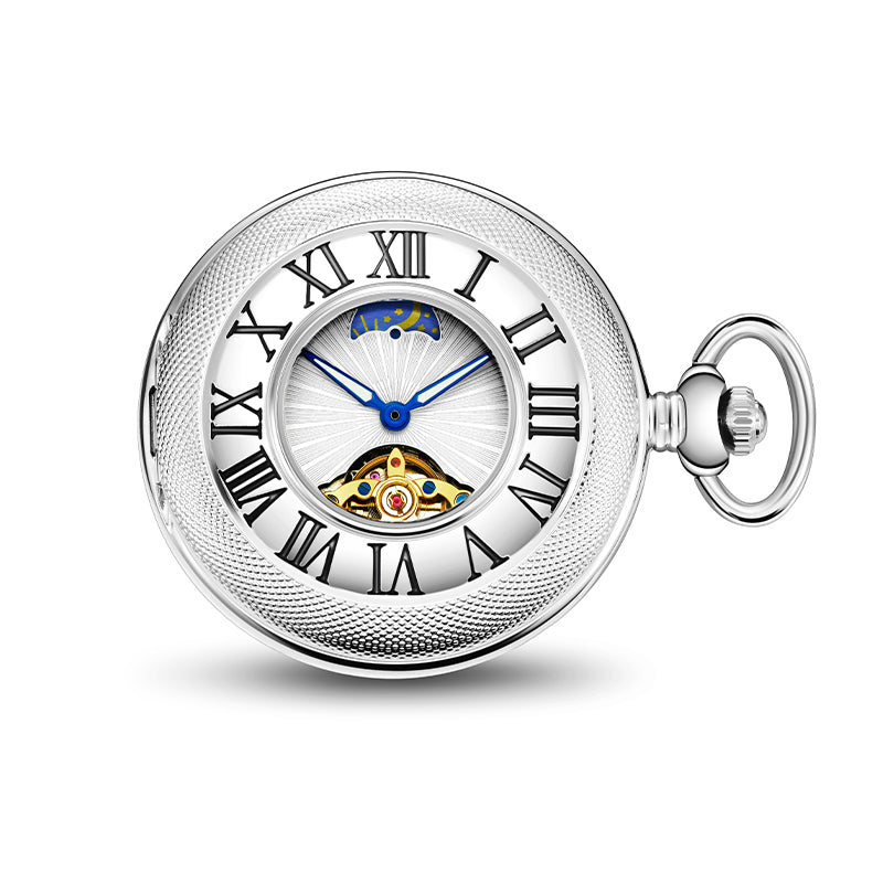 Silver Mechanical Pocket Watch with Outer Numerals and Inner Moon Dial