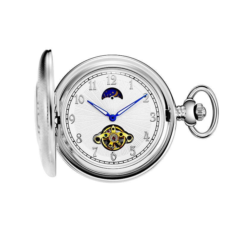 Silver Mechanical Pocket Watch with Outer Numerals and Inner Moon Dial