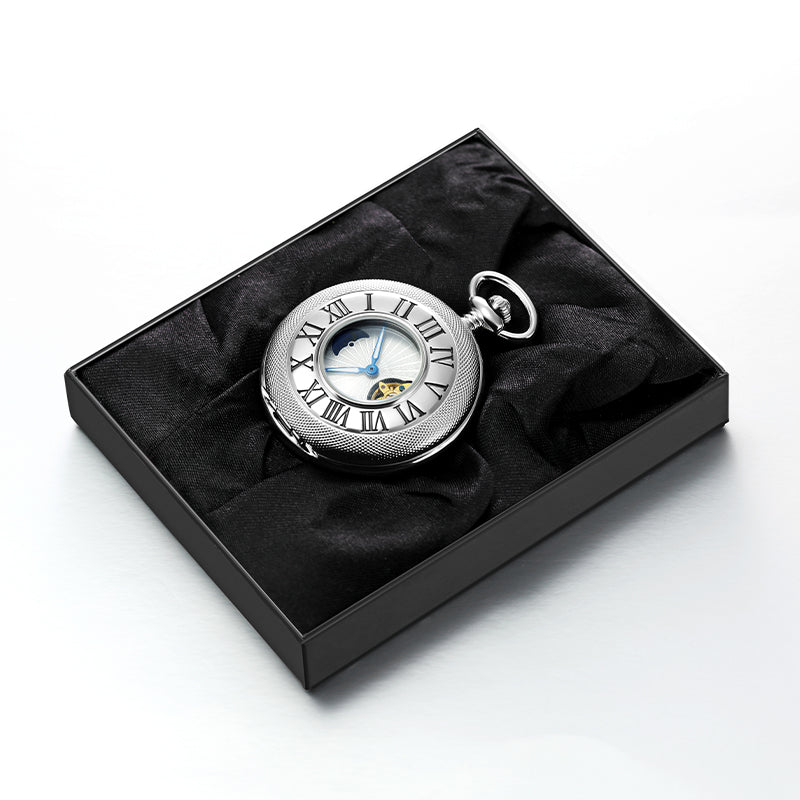 Silver Mechanical Pocket Watch with Outer Numerals and Inner Moon Dial