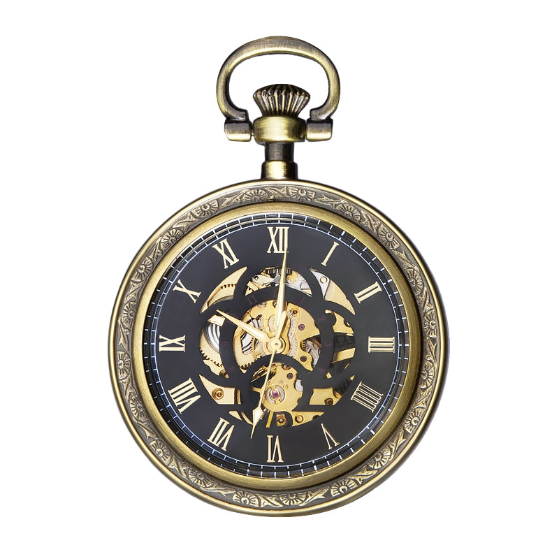 Bronze Open Face Mechenical Pocket Watch with Black Dial and Matching Chain