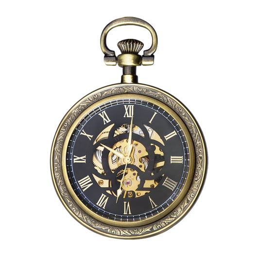 Bronze Open Face Mechenical Pocket Watch with Black Dial and Matching Chain