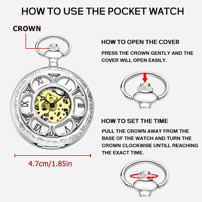 Silver Quartz Pocket Watch with Hollow Flower-Designed Case