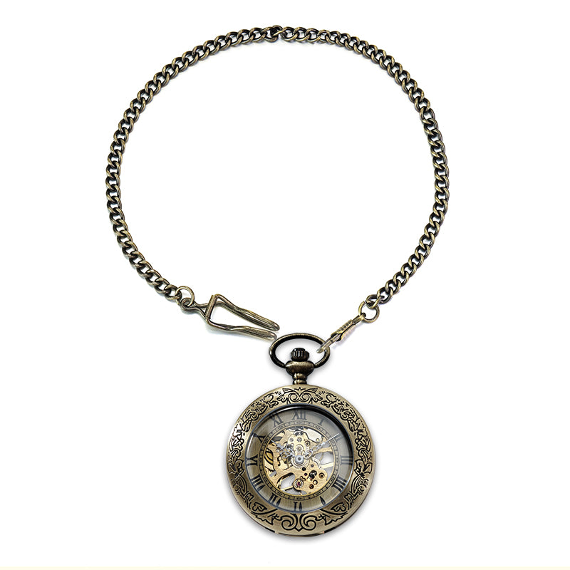Bronze Mechanical Pocket Watch with Half Hunter and Chain