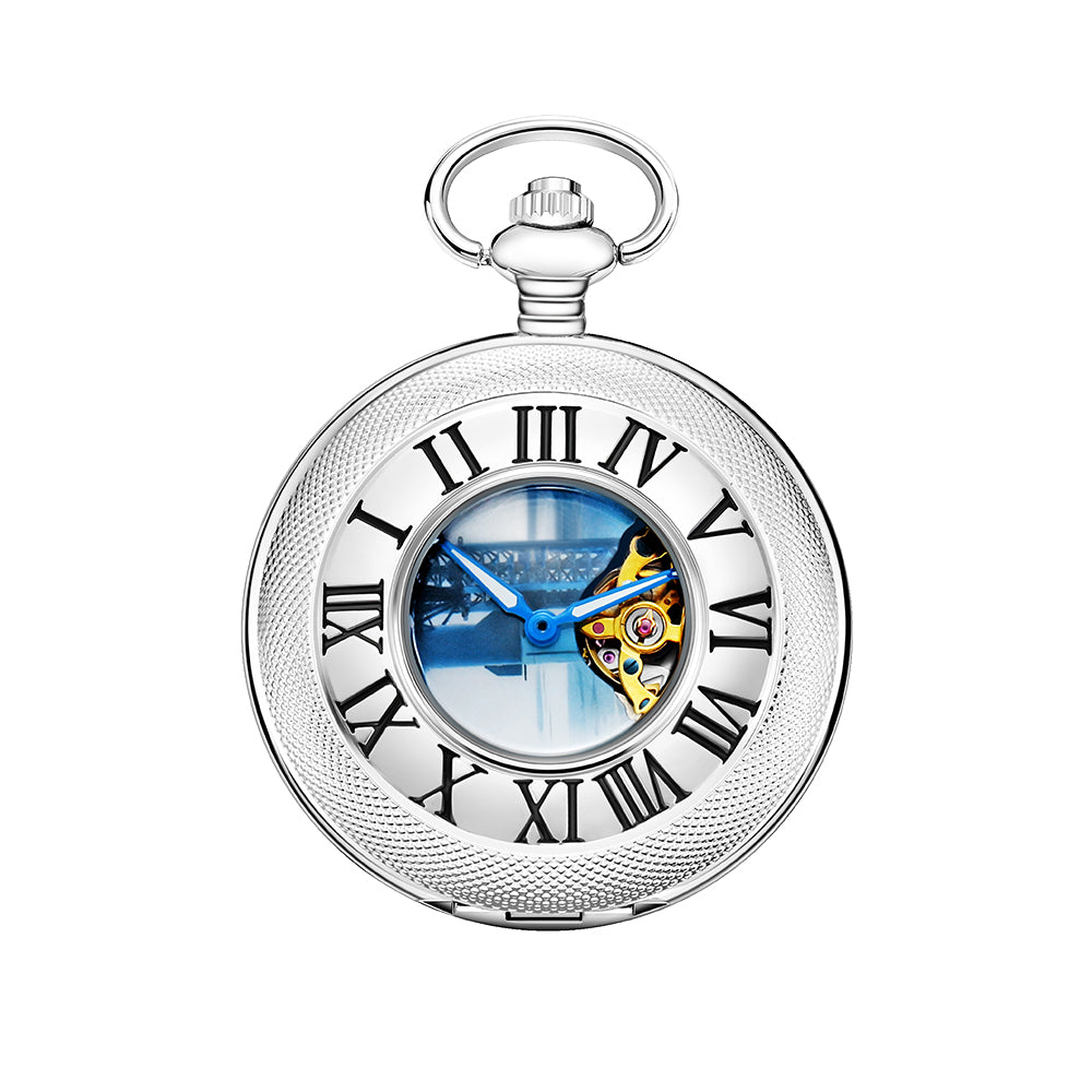 Silver Mechanical Pocket Watch with Blue Launch Tower Dial and Chain