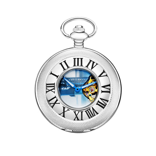 Silver Mechanical Pocket Watch with Blue Launch Tower Dial and Chain