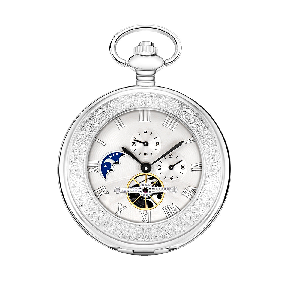 Silver Mechanical Pocket Watch with Special Moon Dial and Chain