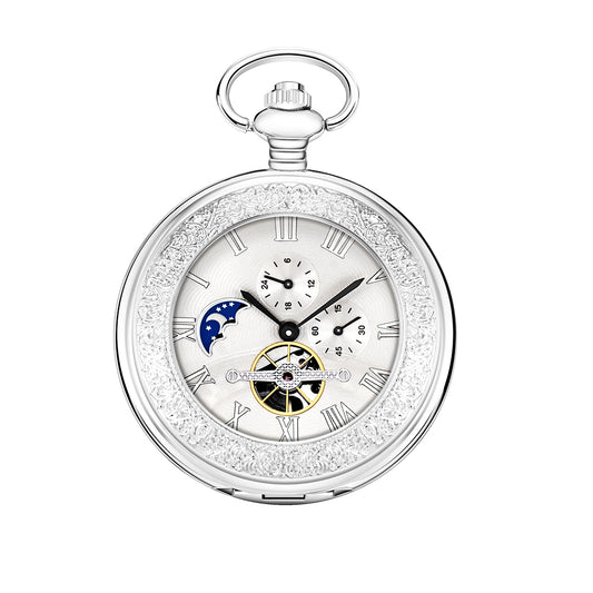Silver Mechanical Pocket Watch with Special Moon Dial and Chain