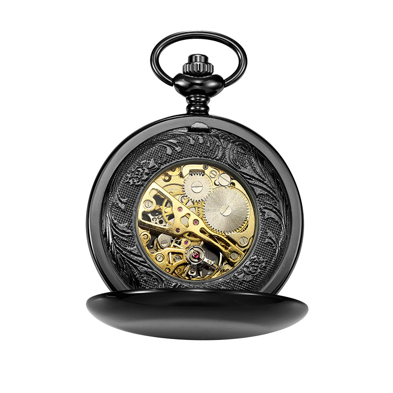 Black and Gold Mechanical Pocket Watch with Chain