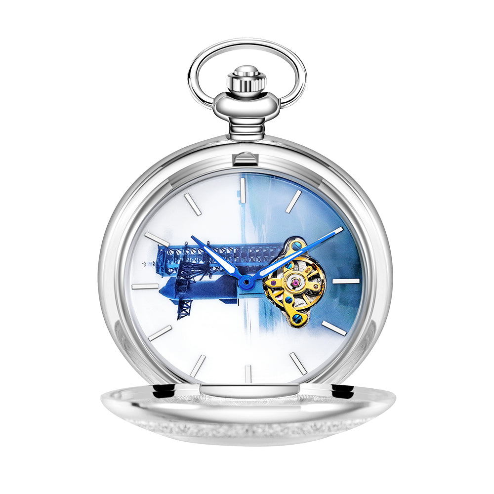 Silver Mechanical Pocket Watch with Blue Launch Tower Dial and Chain