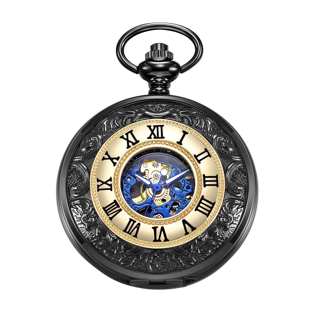Black and Gold Mechanical Pocket Watch with Chain
