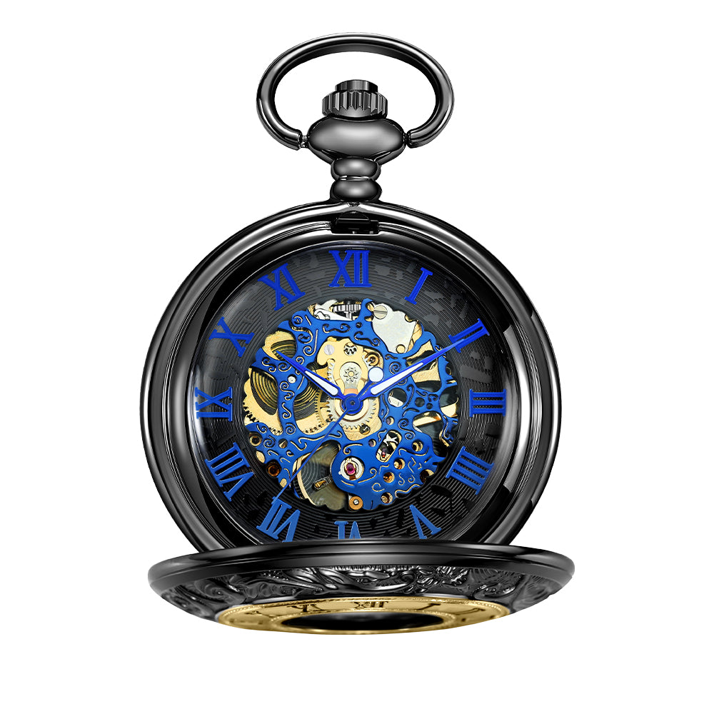 Black and Gold Mechanical Pocket Watch with Chain