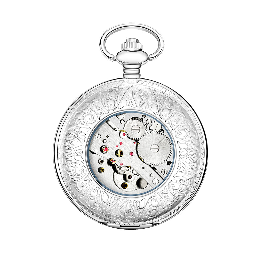 Silver Mechanical Pocket Watch with Blue Launch Tower Dial and Chain