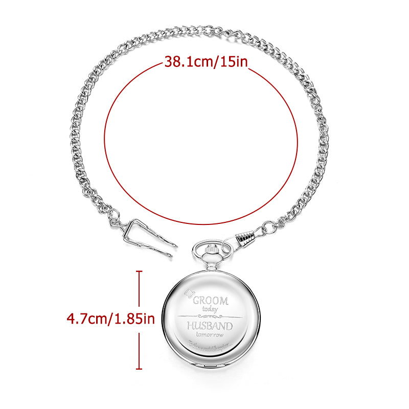 Classic Wedding Gift for Groom, Silver Quartz Pocket Watch with Chain