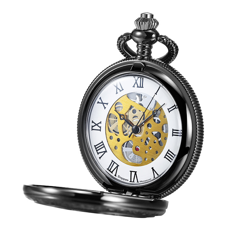 Black Quartz Pocket Watch with Hollow Flower-Designed Case
