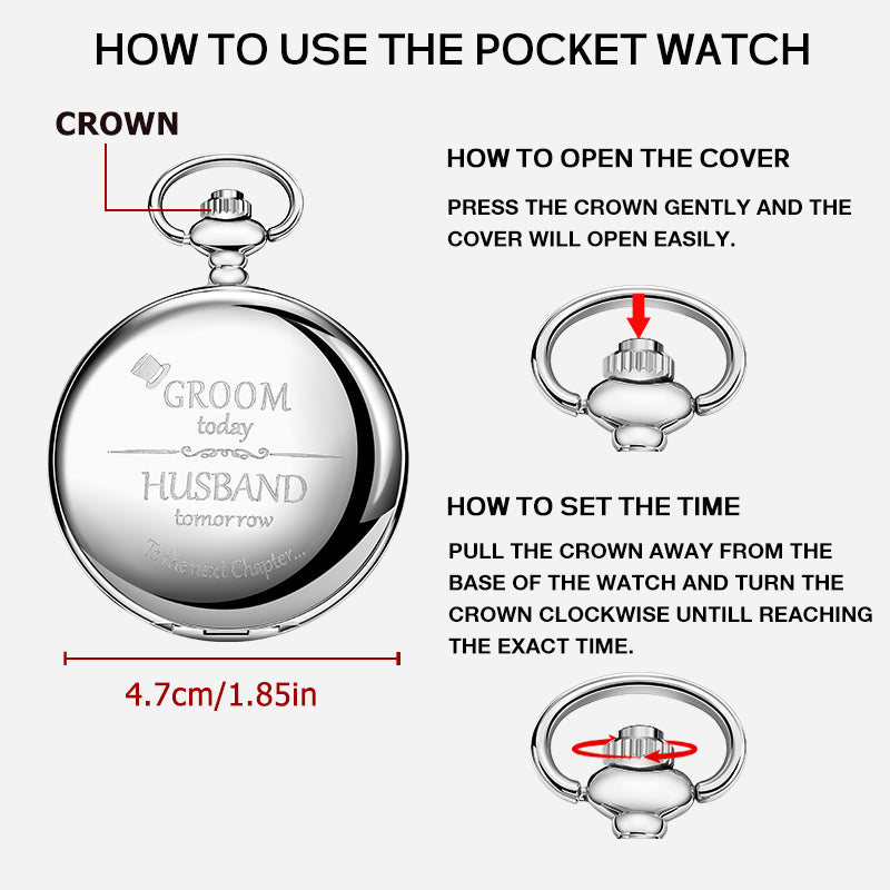 Classic Wedding Gift for Groom, Silver Quartz Pocket Watch with Chain