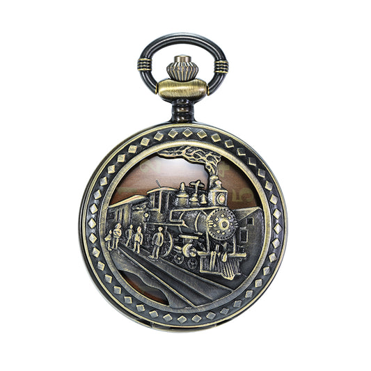 Bronze Train Quartz Pocket Watch with Chain